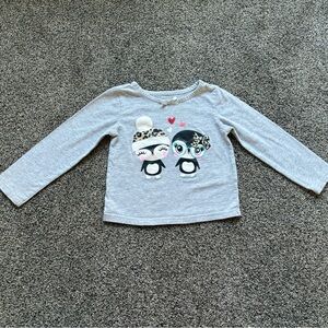 Wonderkids Toddler Girl Winter Penguin Hearts Long Sleeve Gray Tee, Size 3T